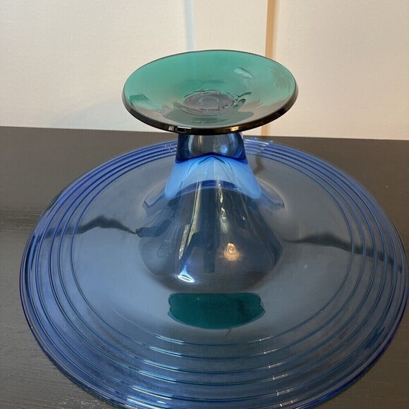 Signed Richard Blenko Art Glass Console Centerpiece - Blue/Green Designer Series - Picture 5 of 7